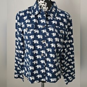 3  Sisters Women Sz Large Long Sleeve Blouse Blue Elephant Print